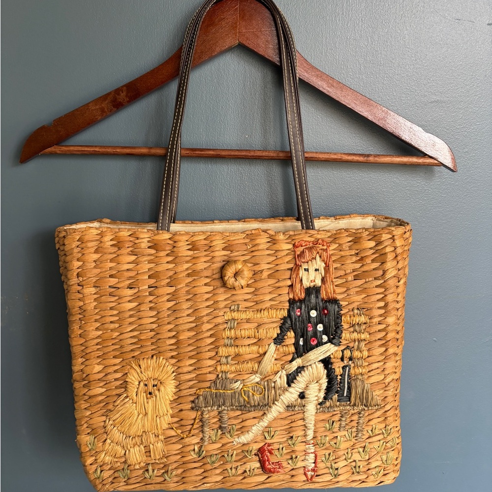 White House Black Market Woven Tote with adorable Embroidered Design